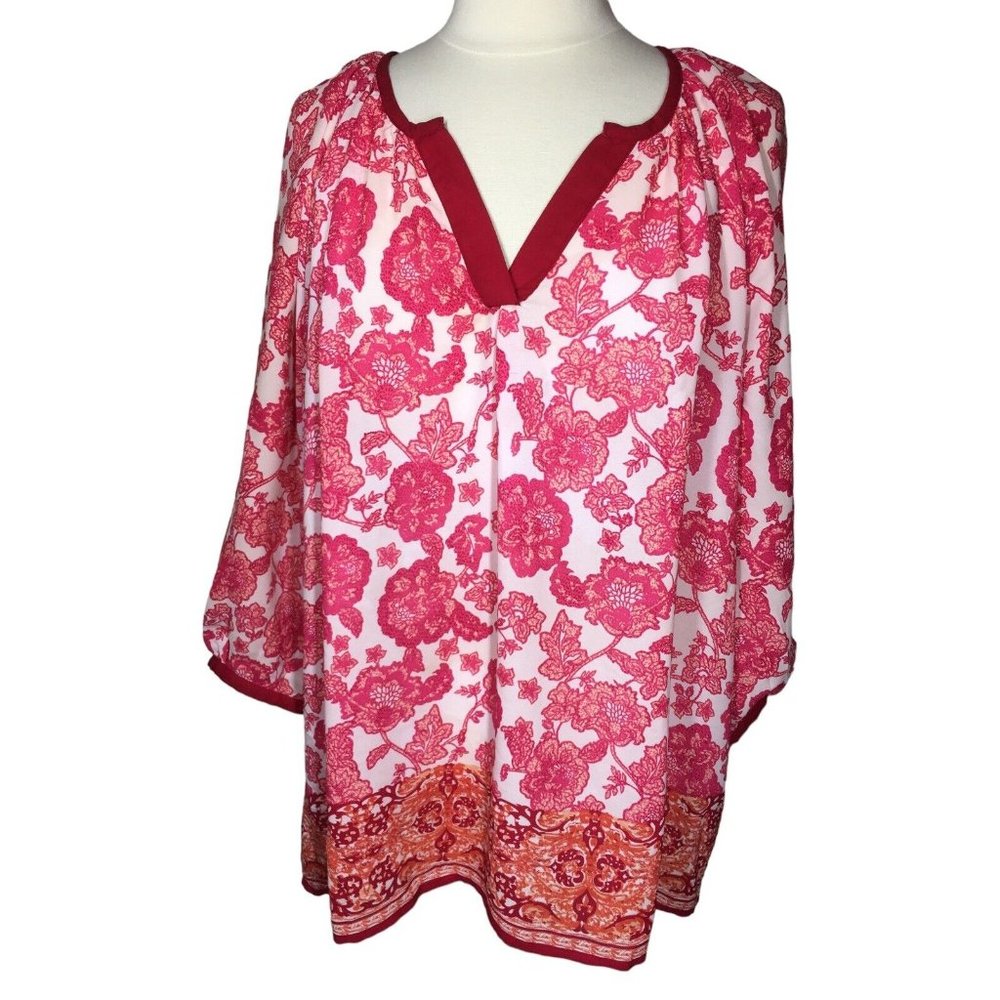 Ava Christine Womens Plus Size 2X Floral Peasan Popover Blouse 3/4 Sleeve Casual